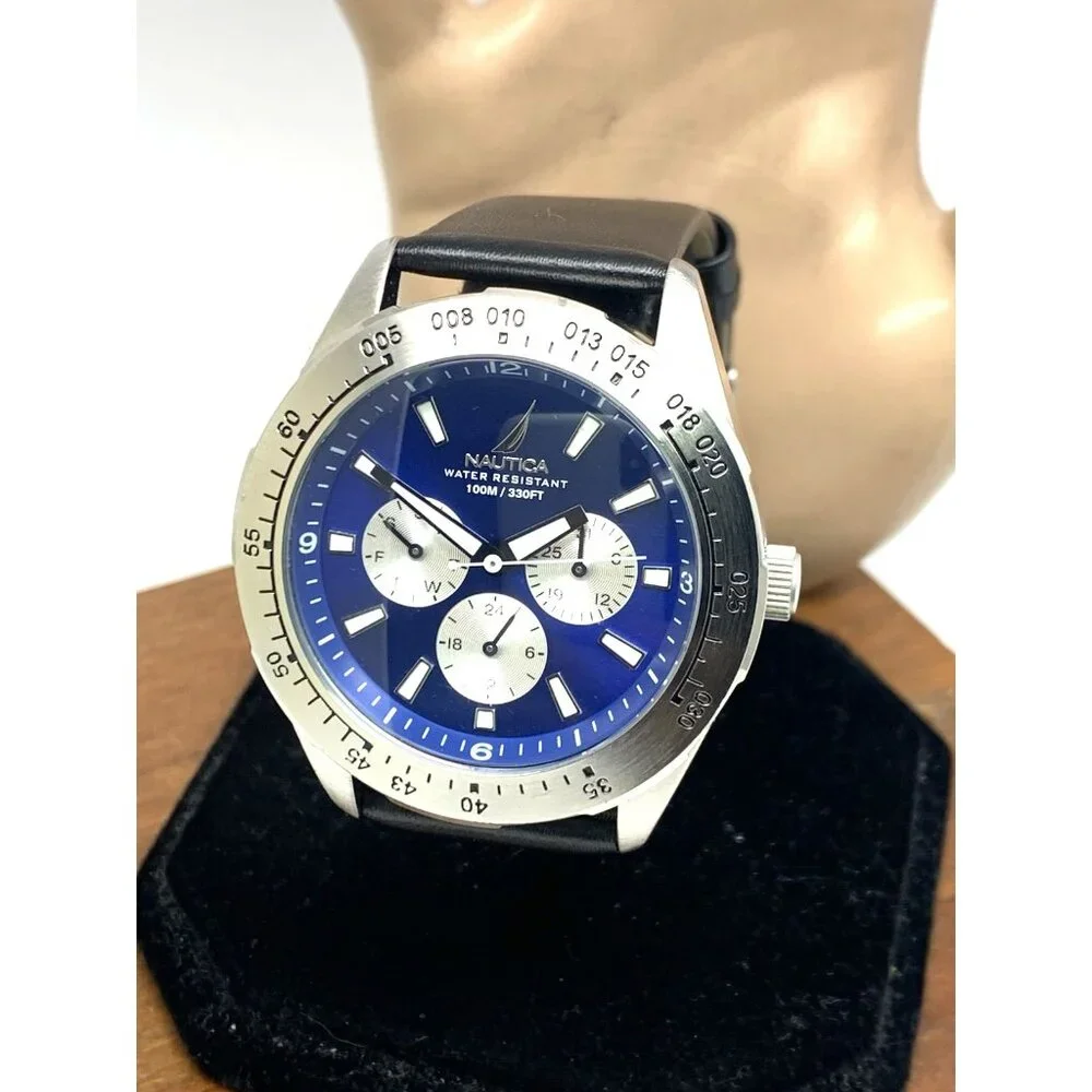 Nautica Men's Watch N11019 Quartz Blue Dial Black Leather Band 43mm
